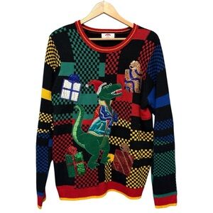 Ugly Christmas Sweater Dinosaur T-Rex Dino Santa Hat Plaid, Mens size Large